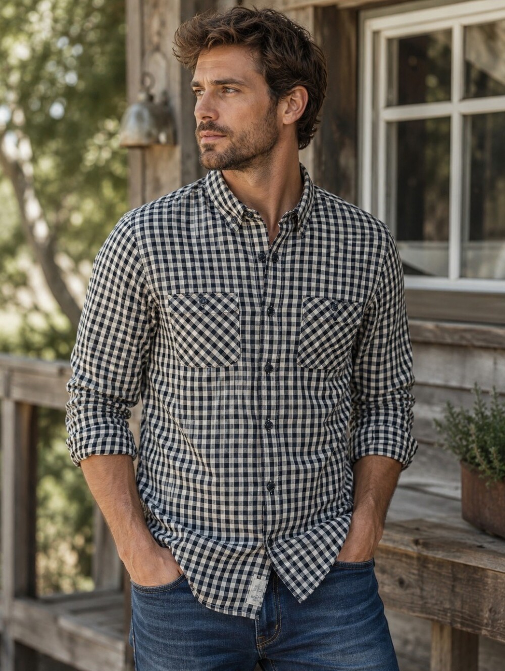 Denim & Supply Ralph Lauren Mens Flannel Shirt Black & Cream Plaid Check Medium